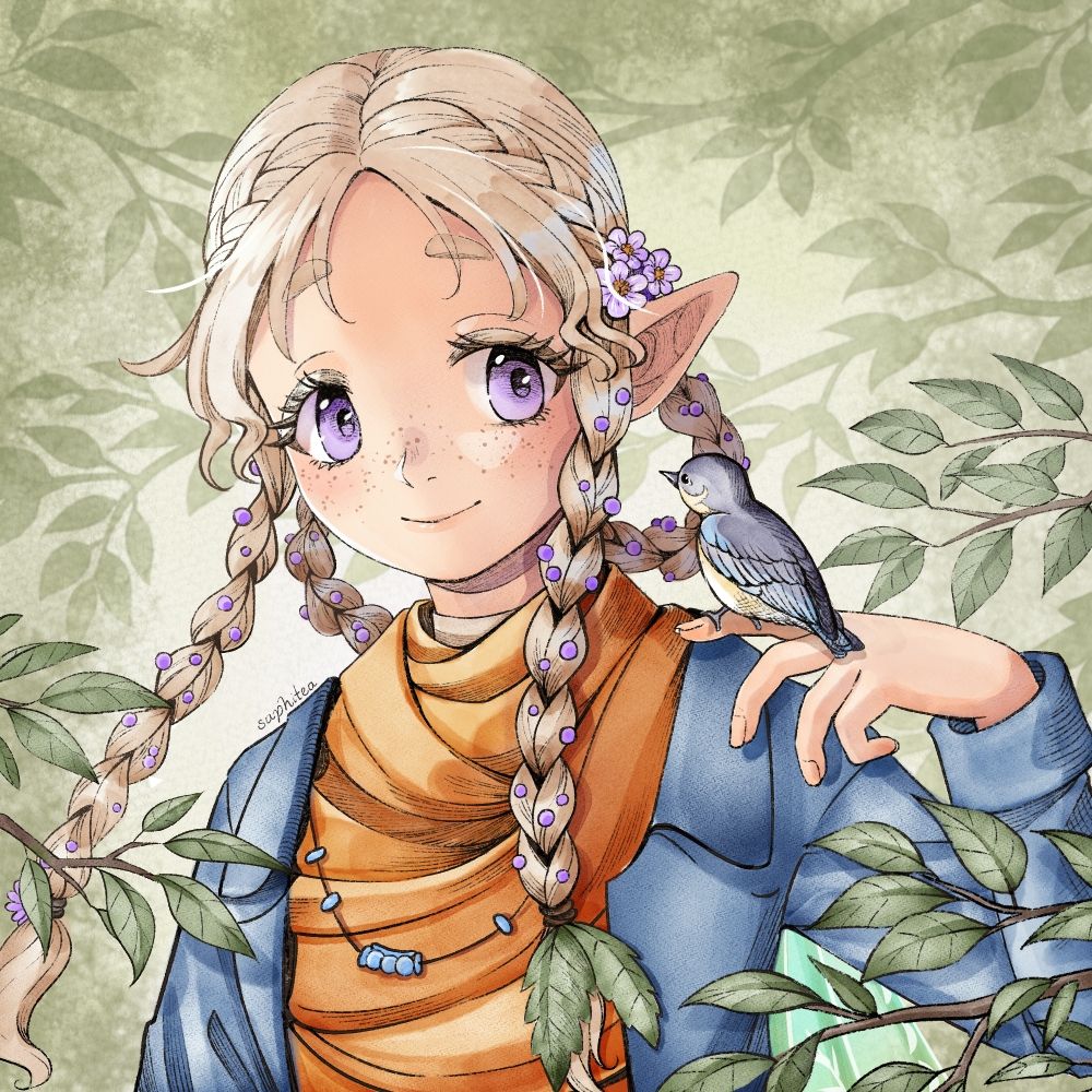 Digital illustration of a fairy girl, Diphylleia (Niverdia's original character). She is in a wooded area, with leafy branches in front of and behind her. With a pleasant smile, she is looking toward her left hand, where a bluebird is perched. Her hair is light in color and braided both in front of each ear, and behind each ear. Diphylleia is wearing an orange dress and blue coat.