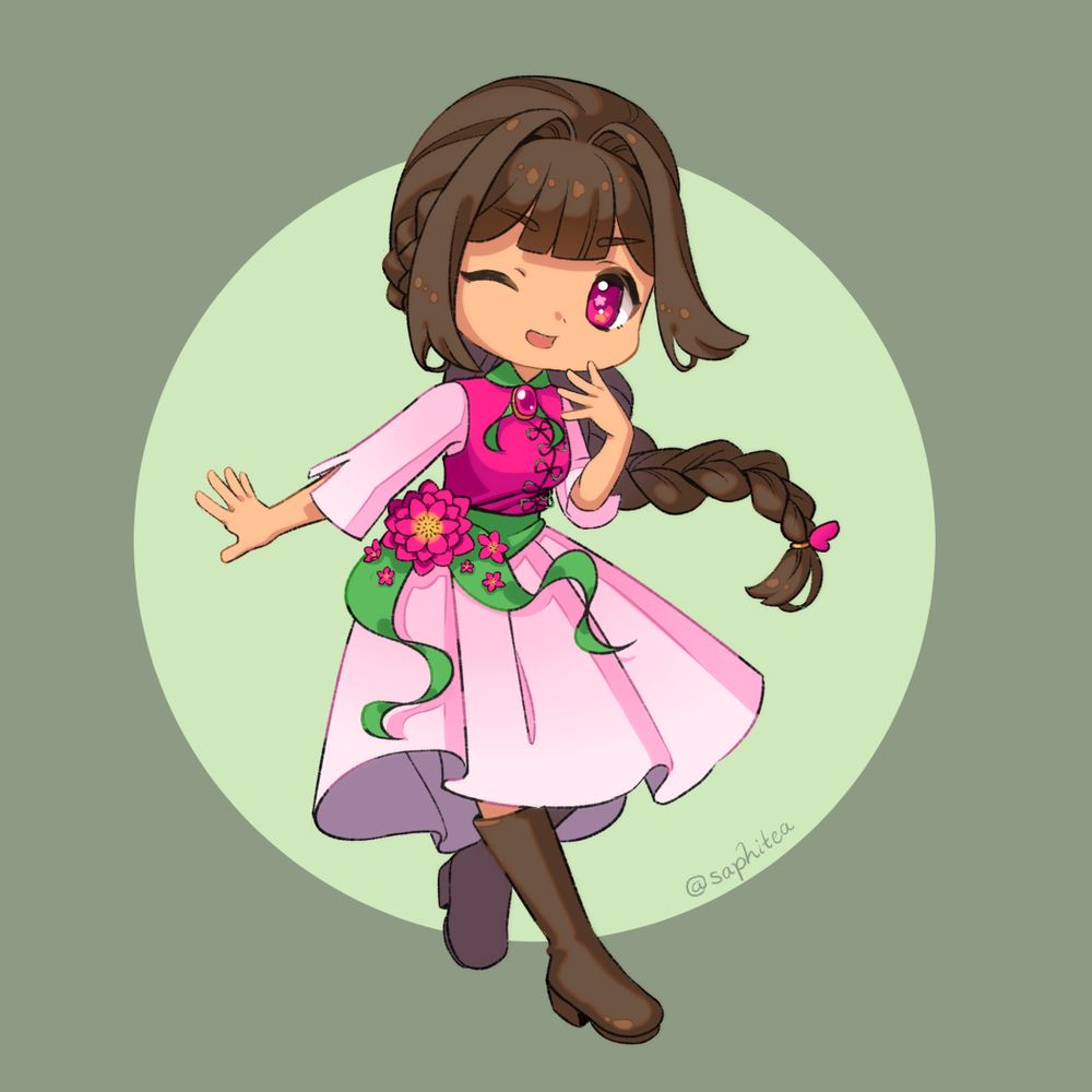Digital chibi drawing of Ember's OC, Dahlia. Dahlia has brown hair pulled into a braid, and wears a dress of light pink, medium pink, and green. She has a sash around her waist that's decorated with bright pink flowers. Dahlia is winking with a bit of a mischievous smile!