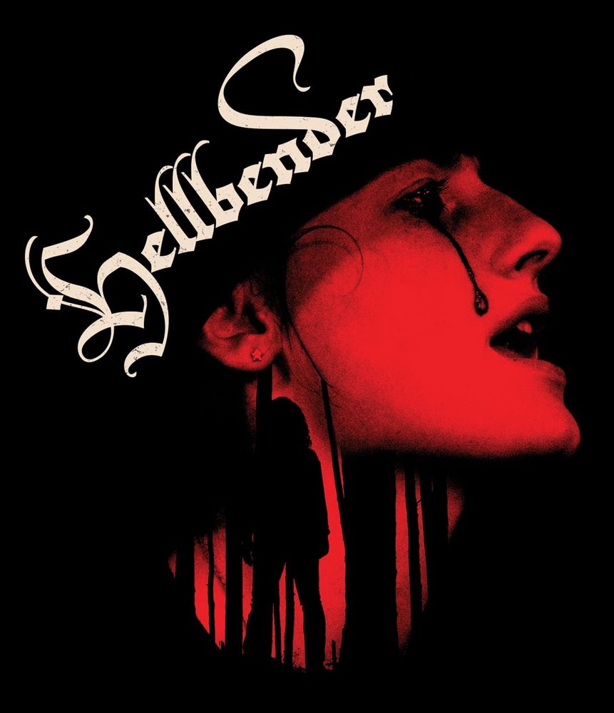 A black a red image of a side portrait of a teenage girl, and a silhouette of a figure in the woods overlaid on her neck. With the title Hellbender above the girls face to the left