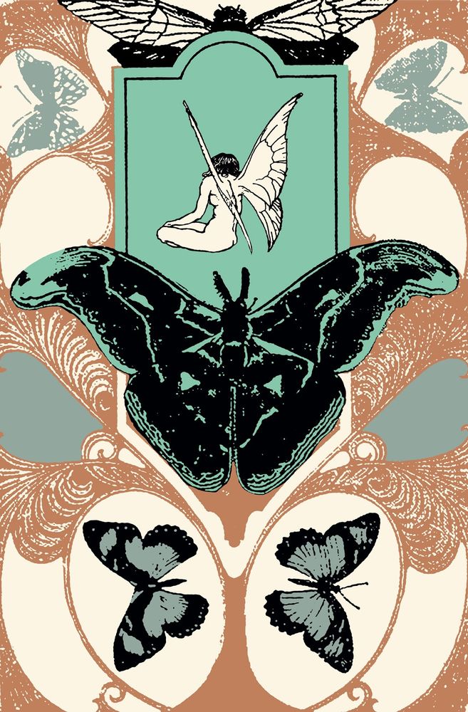 Vintage illustration filled with ornate framing and butterflies. The colour scheme is black, cream, a muted blue and sea foam green. There is a fairy sat with their back to us in the centre above a large butterfly.