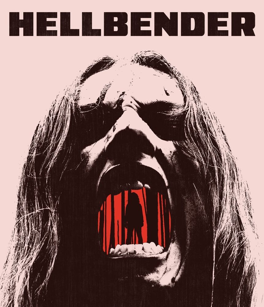 A black and cream image of a teenage girl's face screaming. Her open mouth filled with a red and black silhouette of a figure in the woods.