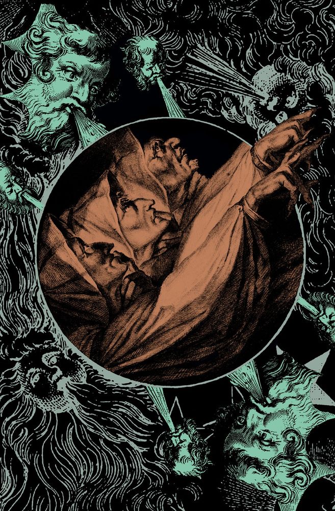 Pale blue, sea green and pale rusty orange tones of a collage of old illustrations of three witches in a circle in the centre, with creatures and gods blowing wind around them.