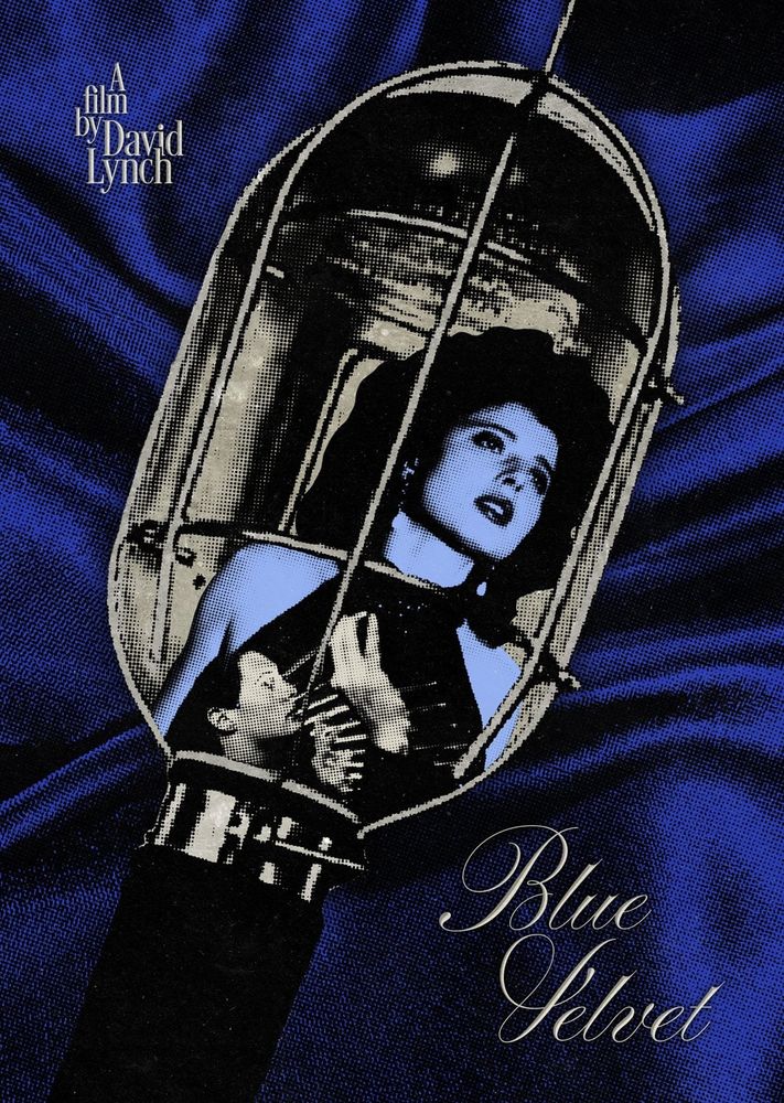 An alternative poster design for Blue Velvet. A blue velvet background with a hand held industrial lamp featuring a woman (Isabella Rossellini) trapped within it and a man (Kyle McLaughlin) peeping within her dress