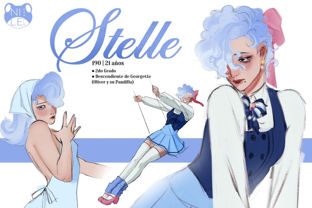 Three drawings of a pale woman. Her hair is shown short, light blue with white streaks and a big pink ribbon on the back. She has long blue eyelashes and droppy black eyes. She also has thin red lips and a mole right next to them on the bottom right. 

On the first drawing right on the left of the image, she is shown with longer hair, wearing a swimsuit and posing as if she were in a photoshoot. On the second drawing, right on the middle, she is shown with her uniform (short light blue skirt, white shirt, dark blue vest and ribbon, white thighs, blue warmers on top of them and pink shoes), smiling and posing as she were on a swing.  The second drawing is her simply posing relaxed.

In the middle of the image theres text explainin basic info about the character: 
Name: Stelle
She is 6'3 and 21 years old