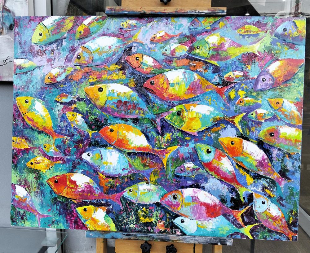 a painting of fish swimming to the left, done in bright impressionist colors