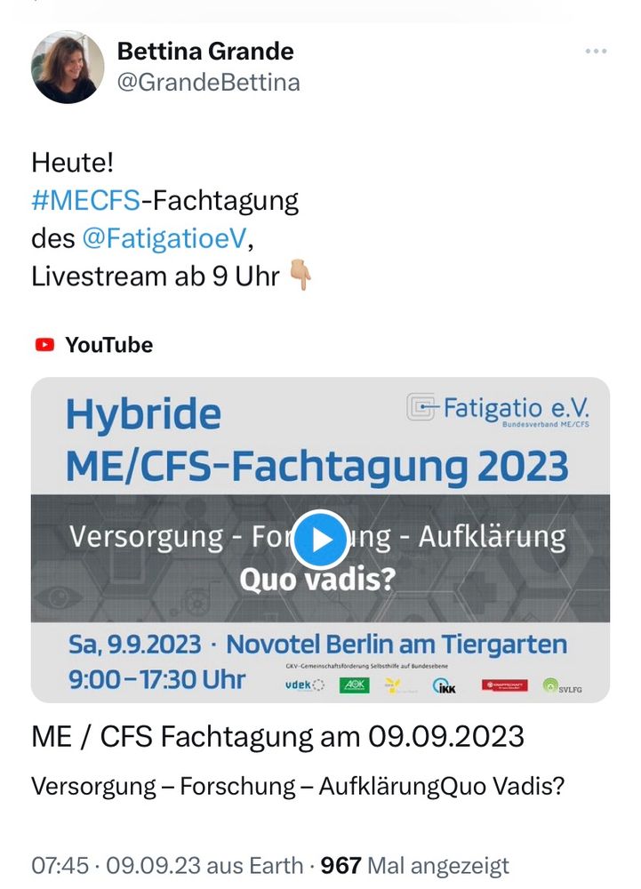 Heute MECFS Facjtagung von Fatigatio eV Livestream bei YouTube ab 9:00