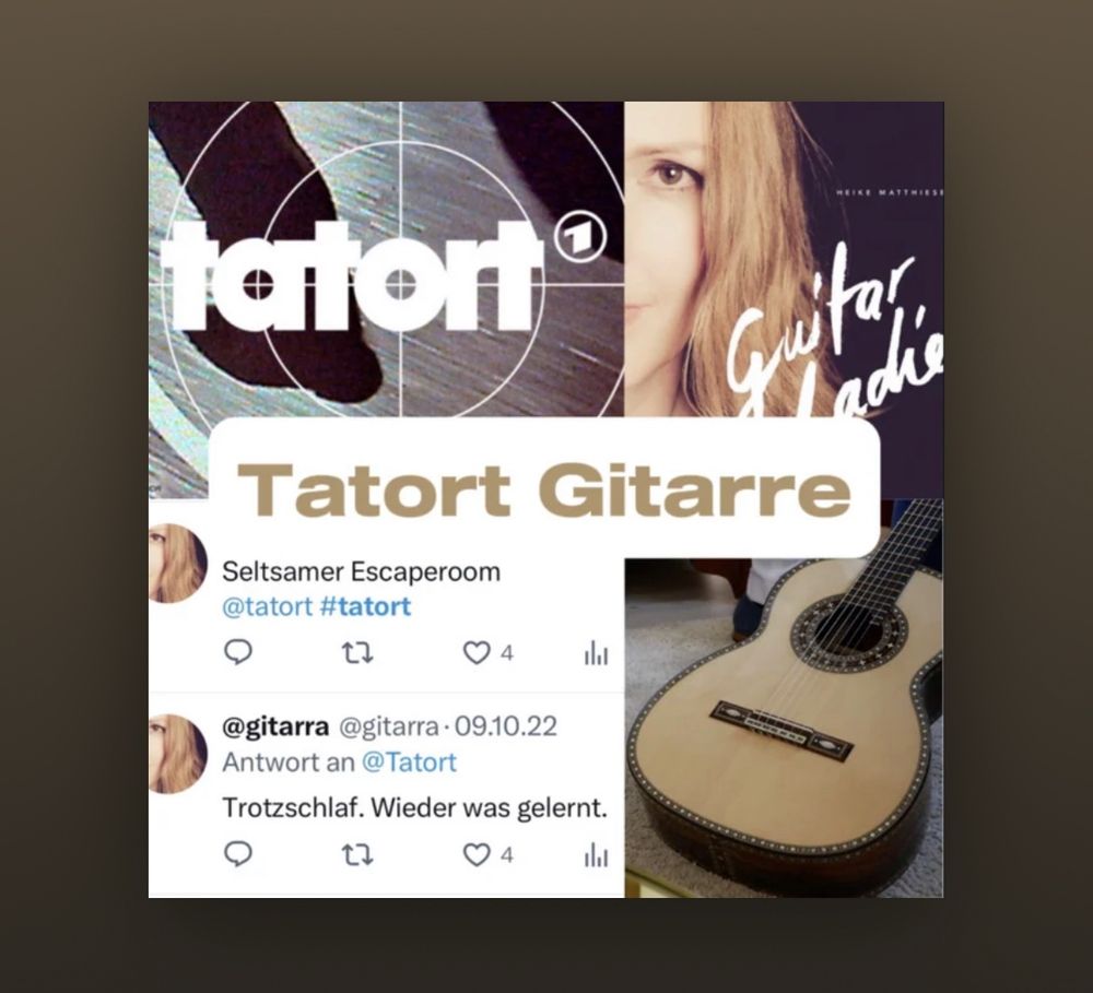 The image shows an album cover separated into four areas Top left you see a man running with a target display of a gun in front. On the right to it you see the half face of a young woman with blond-red hair and light brown eyes. She could be a cowgirl. There is written over it „Guitar Ladies“. On left bottom you see an excerpt of tweets from the woman we just talked about. On bottom right is a picture of a wonderful light beige guitar with beautiful ornaments. It is the guitar of the woman and is called „Frieda“. In the middle there is a headline „crime scene guitar“.