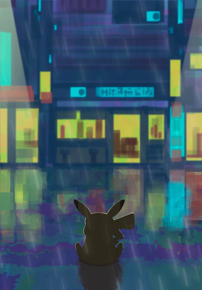 Dibujo digital de un Pikachu en un paisaje urbano nocturno con lluvia
