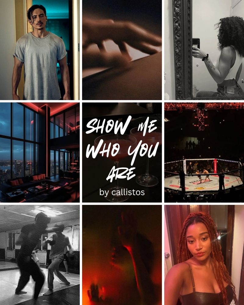 nine square collage: top left is manny jacinto in nine perfect stranger, a muscled male figure wearing a grey shirt with his dark hair, standing still; top centre is a close up shot of a hand touching slin; top right is a monochrome mirror photo of a woman with open curly hair showing off her bicep muscles while holding a phone.
middle left is a dark apartment with floor to ceiling windows, lit by red LED; the middle centre is the title 'show me who you are'; middle right is a expansive shot of two fighters in a UFC octagon cage;
bottom left is a monochrome shot of two people sparring, caught in motion, one figure is punching at the other, caught on the backfoot; bottom centre is a red-toned image of a woman with her hands on glass, face caught in profile;
bottom right is a chest up selfie of amandla stenberg, a person with with long red locs cascading down her front and wearing a dark dress.