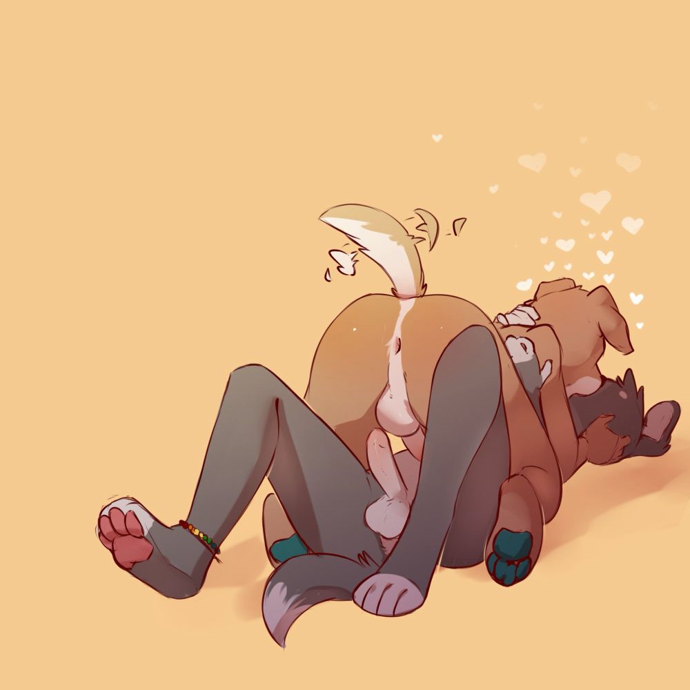 Two gay dogs are laying on the floor misdinf. Lots of little hearts rise from their heads.