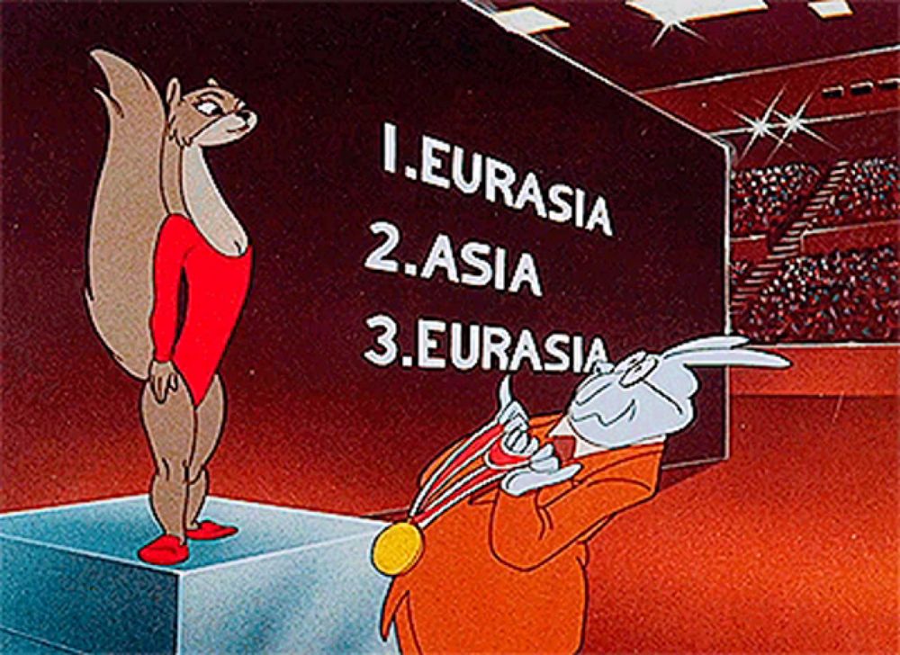 a cartoon of a squirrel and a rabbit standing on a podium with a sign that says 1.eurasia