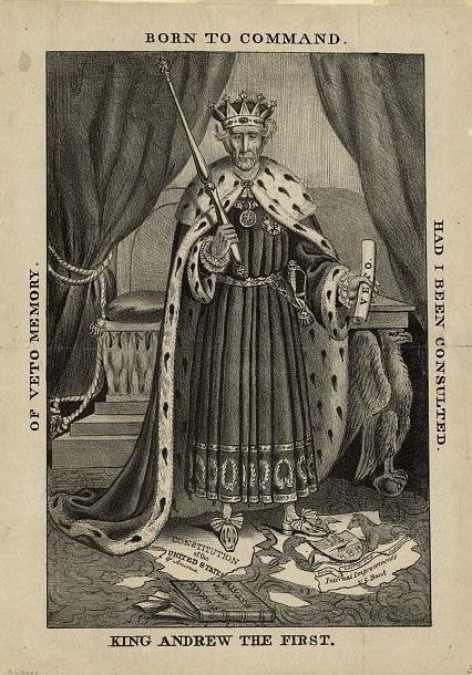 Image depicting Andrew Jackson as a despotic monarch, holding a sceptre and trampling the Constitution