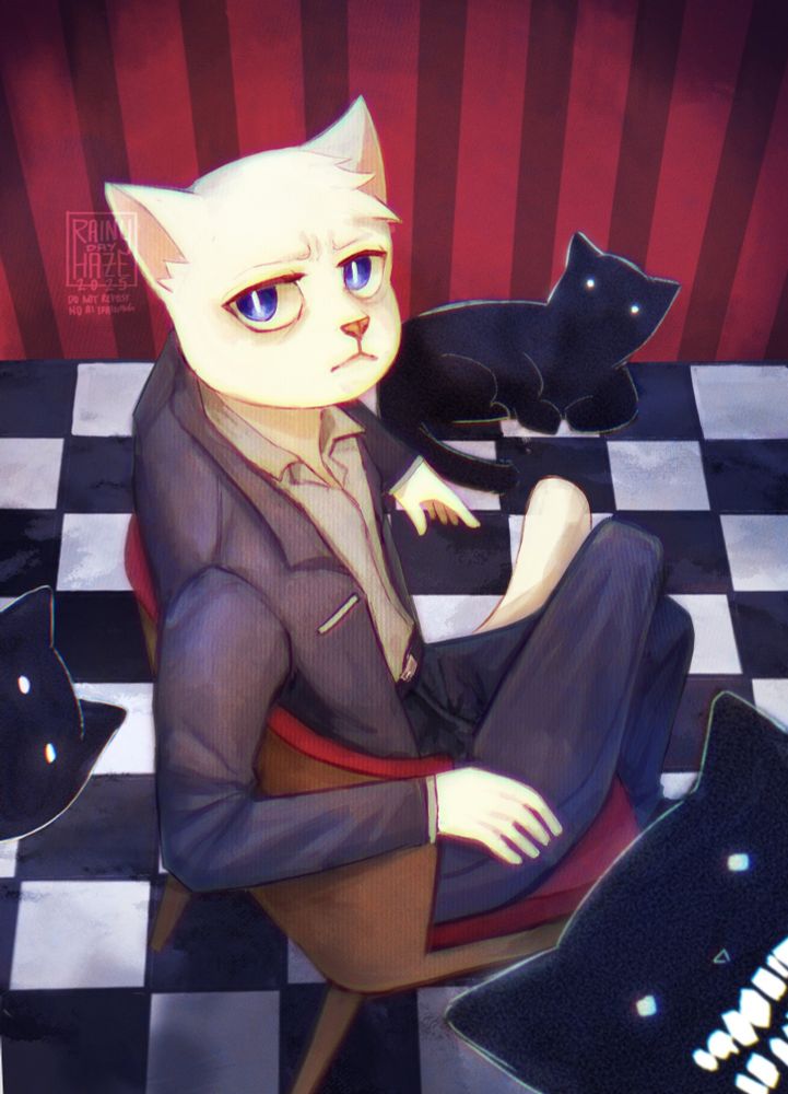 A cat man in a simple suit reclines on a cushioned seat. He has a slightly furrowed brow and serious expression. Upon the checkered floor lay three voidlings (cat spirits). Behind them is a red striped wallpaper. 
