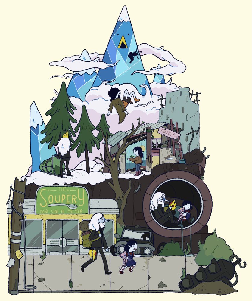 An illustration containing Simon and Marceline from Adventure Time portraying their time spent together. It starts at the bottom when the two first meet and travels upwards showing Simons departure and subsequent transformation into The Ice King.