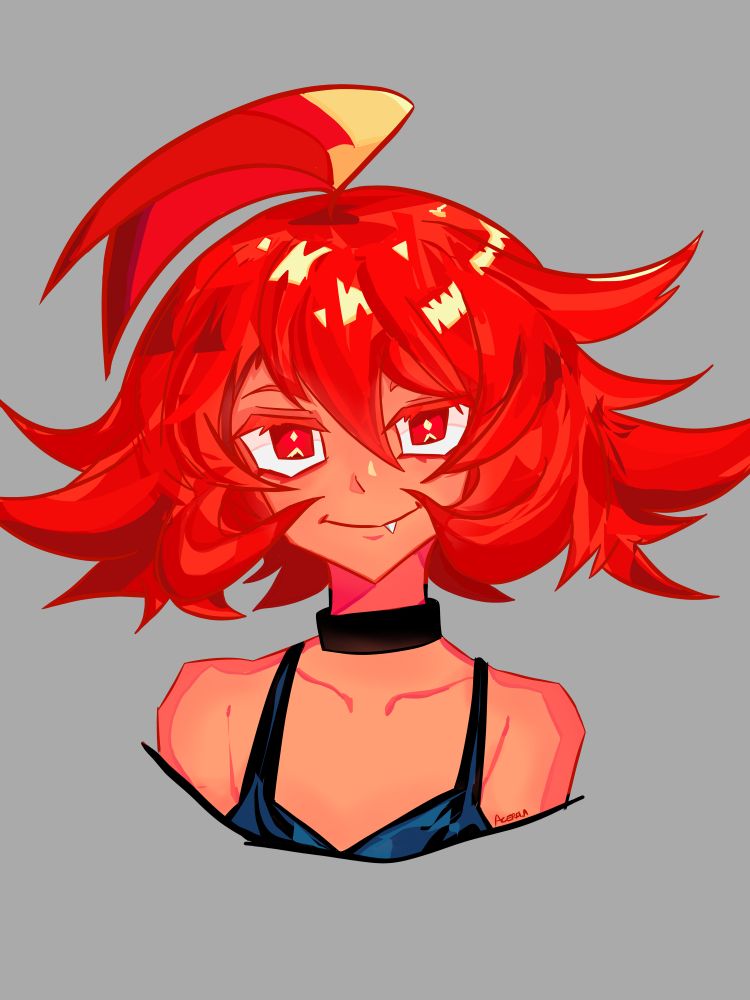 Desenho do busto de uma pessoa de cabelos e olhos vermelhos, com uma gargantilha preta e uma blusa azulada simples