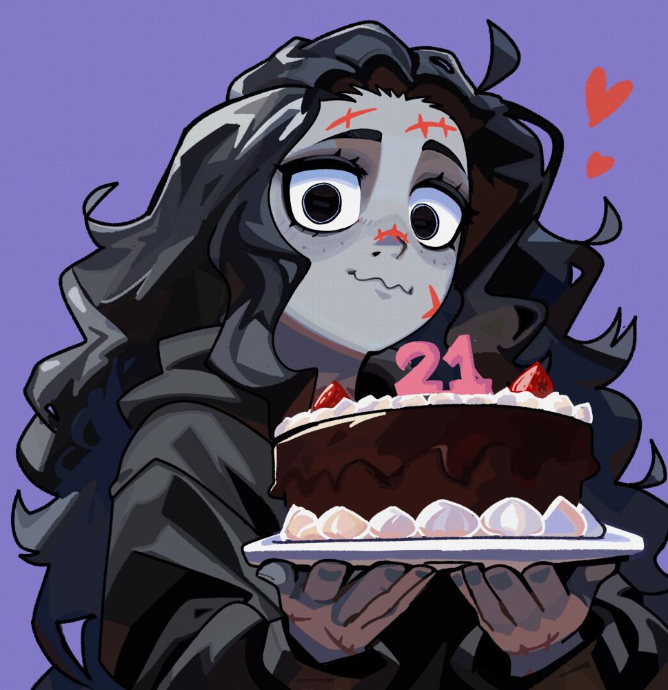 Desenho digital. Fundo roxo simples. Uma pessoa de pele cinza e cicatrizes. Cabelo preto longo e ondulado. Olhos pretos. Vestindo um casaco preto. Segurando um bolo de aniversário com o número '21'.
