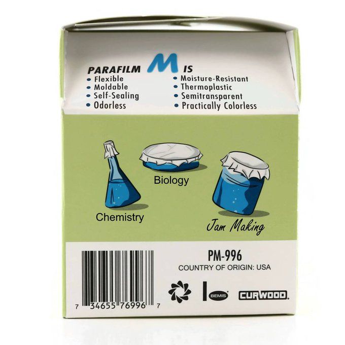 The side of a box of Parafilm that features the flask, dish, and beaker. Text has been added under them. The flask is labelled chemistry, the dish biology, and the beaker jam making. Jam making is written in a different handwritten font
