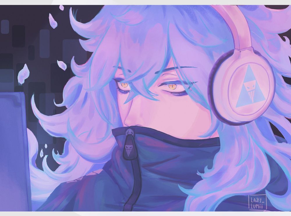 Idia from the game Twisted Wonderland with sitting with headphones.