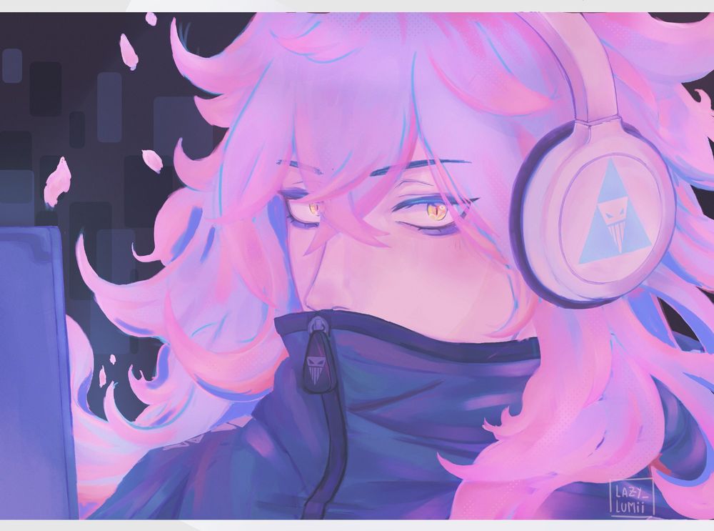 Idia from the game Twisted Wonderland with pink flaming hair.