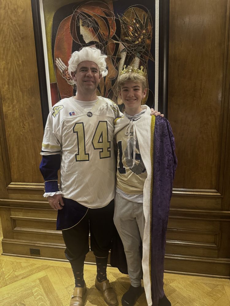 Halloween outfits with Georgia Tech jerseys over Alexander Hamilton garb and a king outfit.