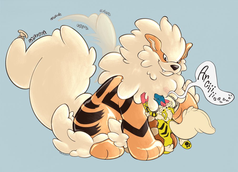 My personal rat character Grei hugging into a massive living arcanine balloonie while wearing a shiny arcanine kigu. He coos “ARCIIIIIEEEEE!!~” gleefully as he softly clutches at it’s big poofy and balloonie mane. He leans his chin into it as the arcanine lifts a paw to half hug/ press the rodent into itself. The big arcanine balloonie’s tail wags vigorously as clearly the Pokemon enjoys the rodent’s affection.
