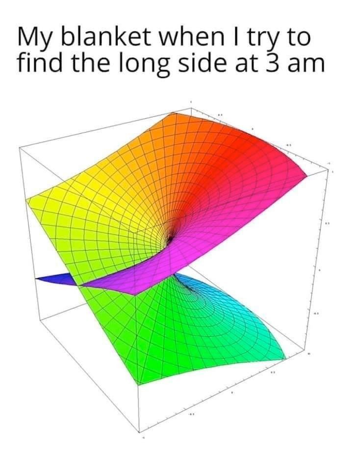 A plot of a self permeating 2-dimensional manifold with the caption: my blanket, when I try to find the long side at 3 am. 