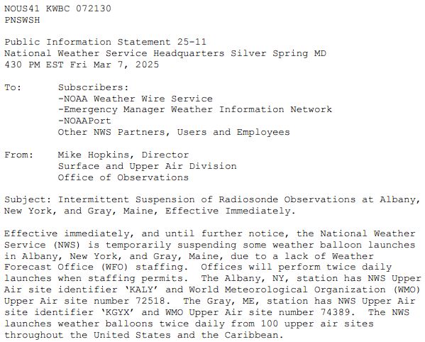A public information statement announcing the end of some weather balloon launches due to staffing issues.