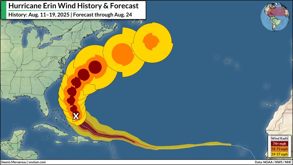 Hurricane Erin's wind swath and forecast wind radii across the Atlantic Ocean.