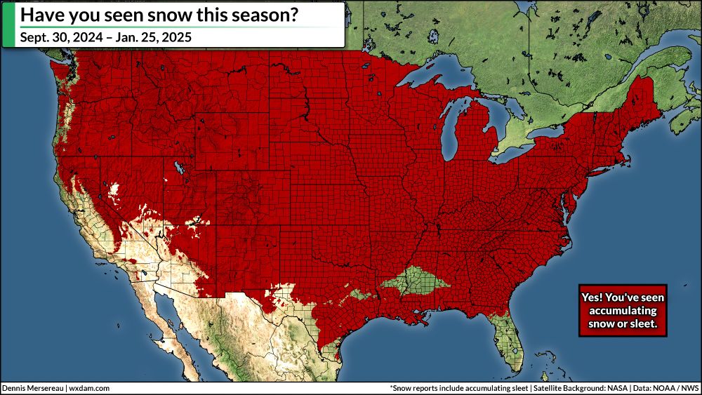 A map of everywhere in the contiguous U.S. that's seen accumulating snow or sleet since September 30, 2024.