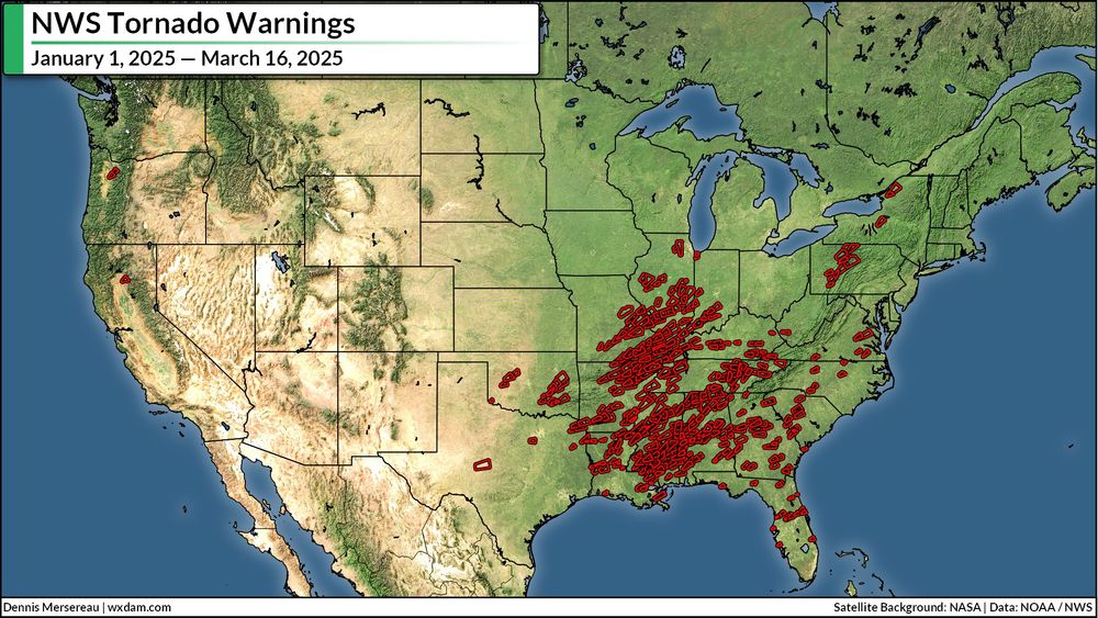 A map of tornado warning polygons in the U.S. since January 1st.