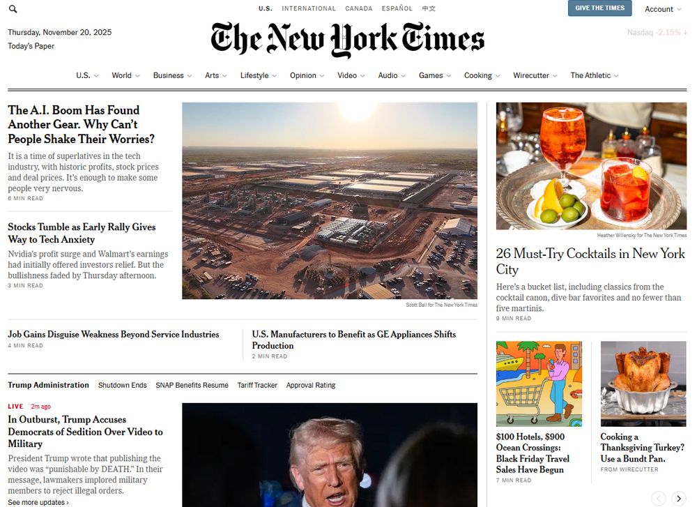 A screenshot of the New York Times' website on Thursday evening. The story on Trump's "outburst" appears below four stories on AI and manufacturing, as well as a piece on 26 must-try cocktails in NYC.