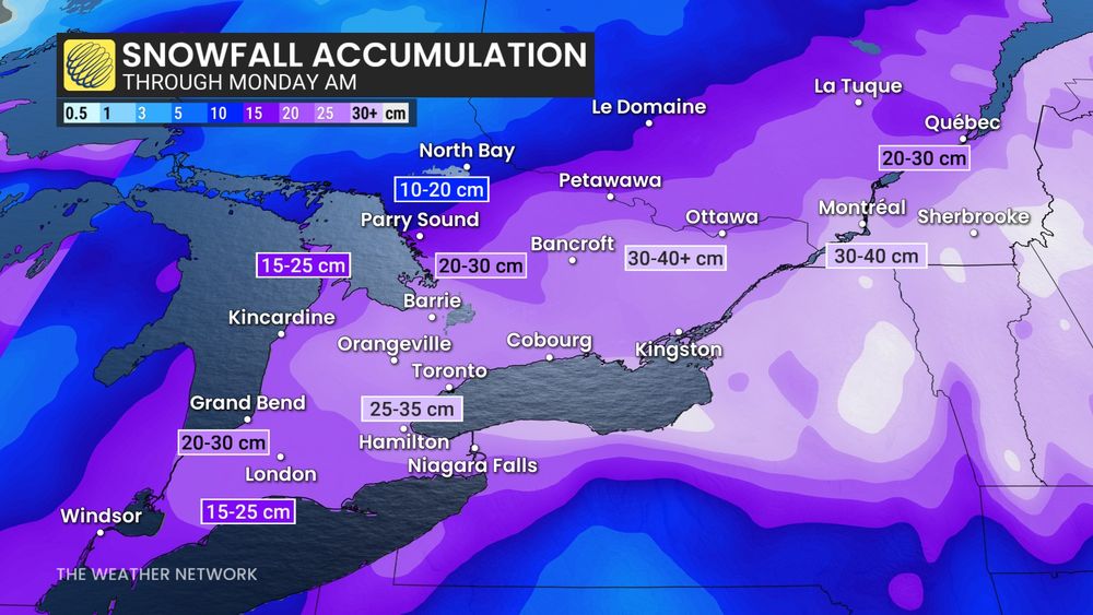 The Weather Network's snowfall forecast for southern Ontario through Monday morning. The Greater Toronto Area is in line for 25-35 cm of snow. Eastern Ontario could see 30-40+ cm.