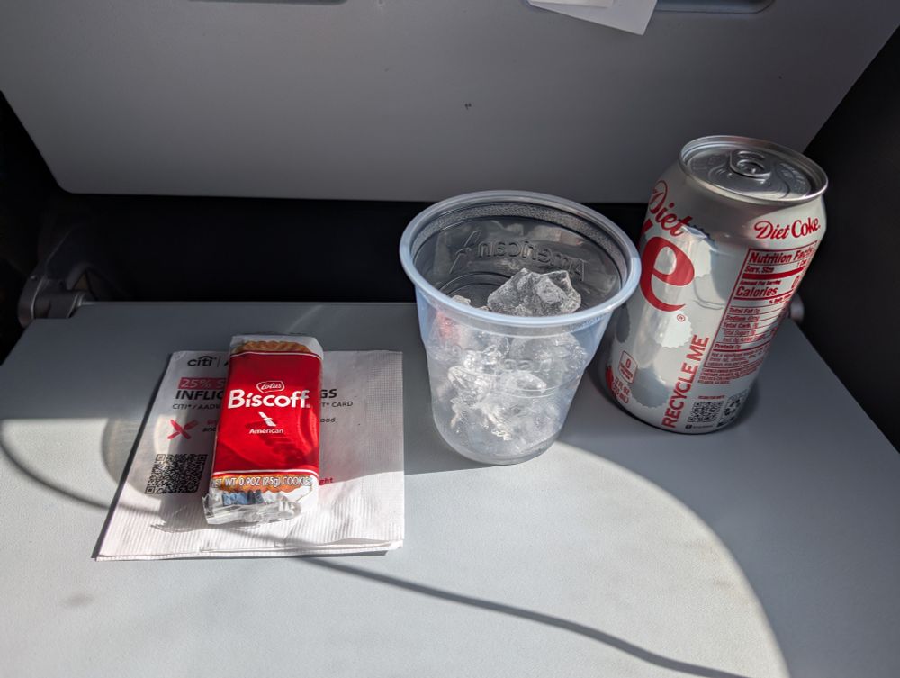 A tray table with Biscoff cookies, a cup of ice, and a can of Diet Coke 