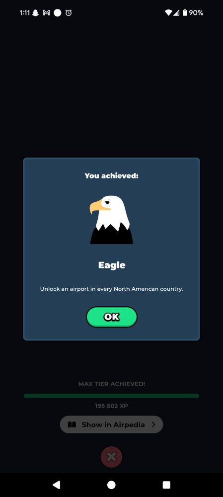 You achieved: eagle. Unlock an airport in every North American country.