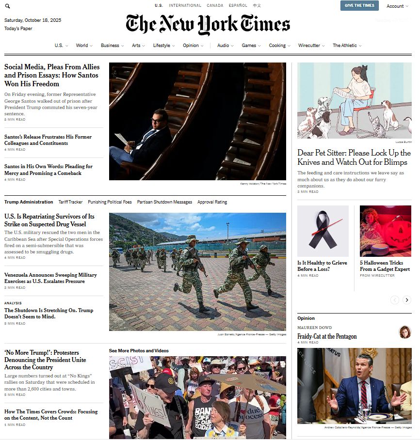 A screenshot of the New York Times' website. A story "Protesters Denouncing the President Unite Across the Country" appears seven stories down the homepage.