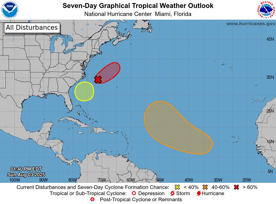 The National Hurricane Center's forecast on Sunday afternoon, showing three areas of potential development in the Atlantic.