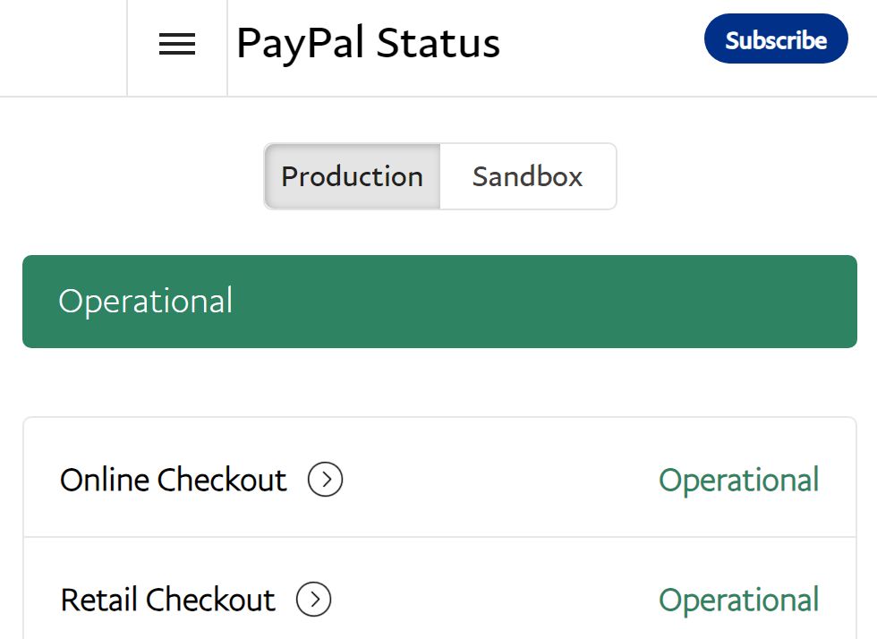 PayPal status page - all systems opertional