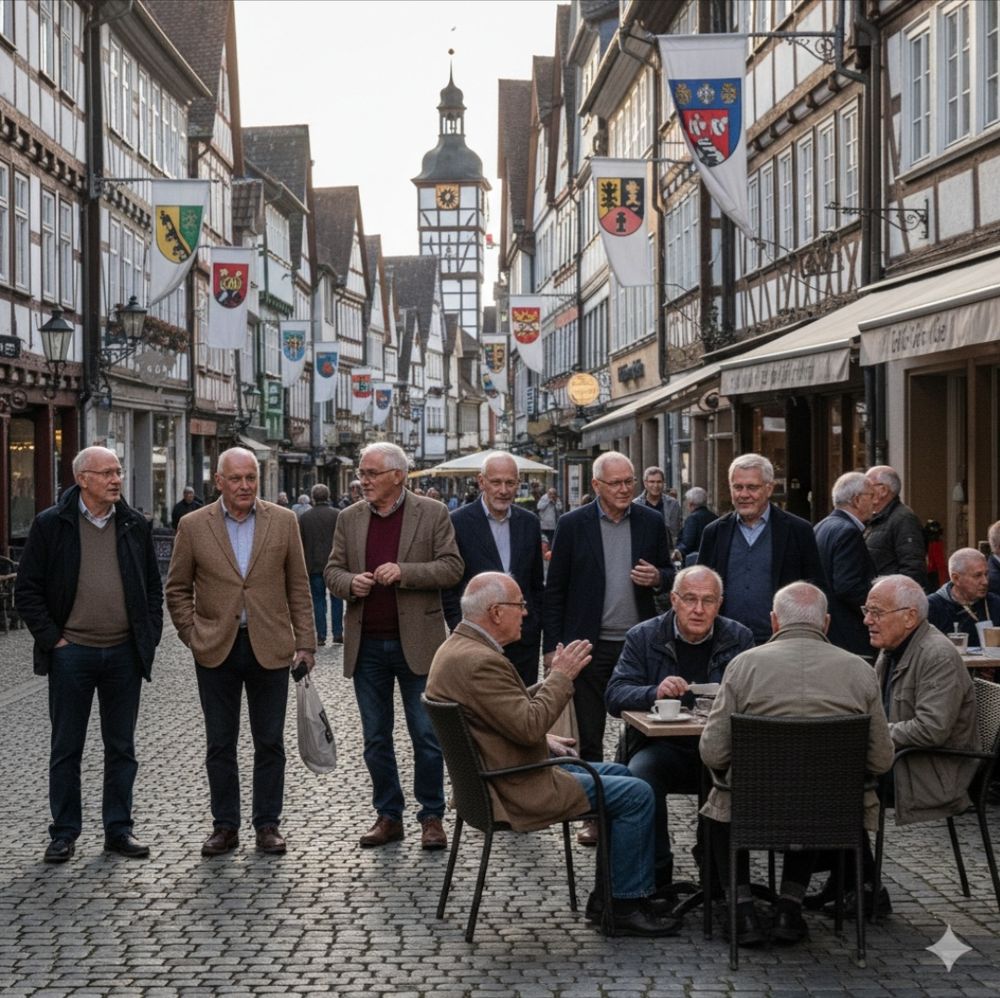 KI bild einer deutschen Fussgängerzone, nur weisse alte Männer zu sehen.