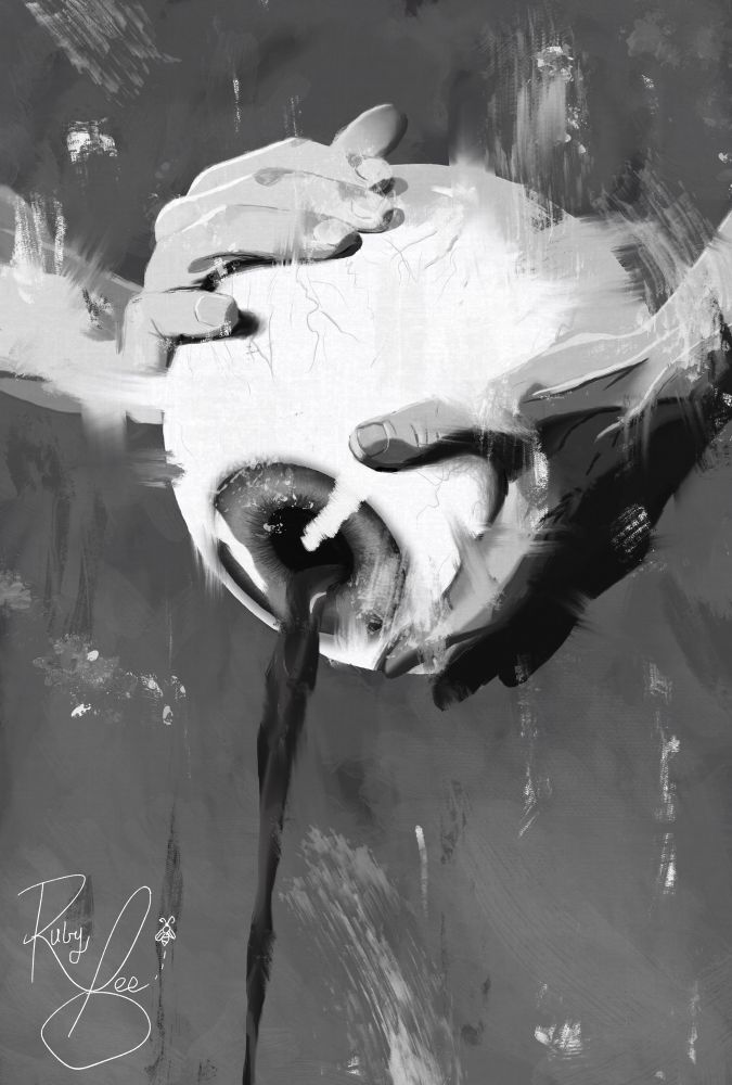 A black and white digital painting of a persons hands holding a large eyeball with black liquid pouring out of the pupil.