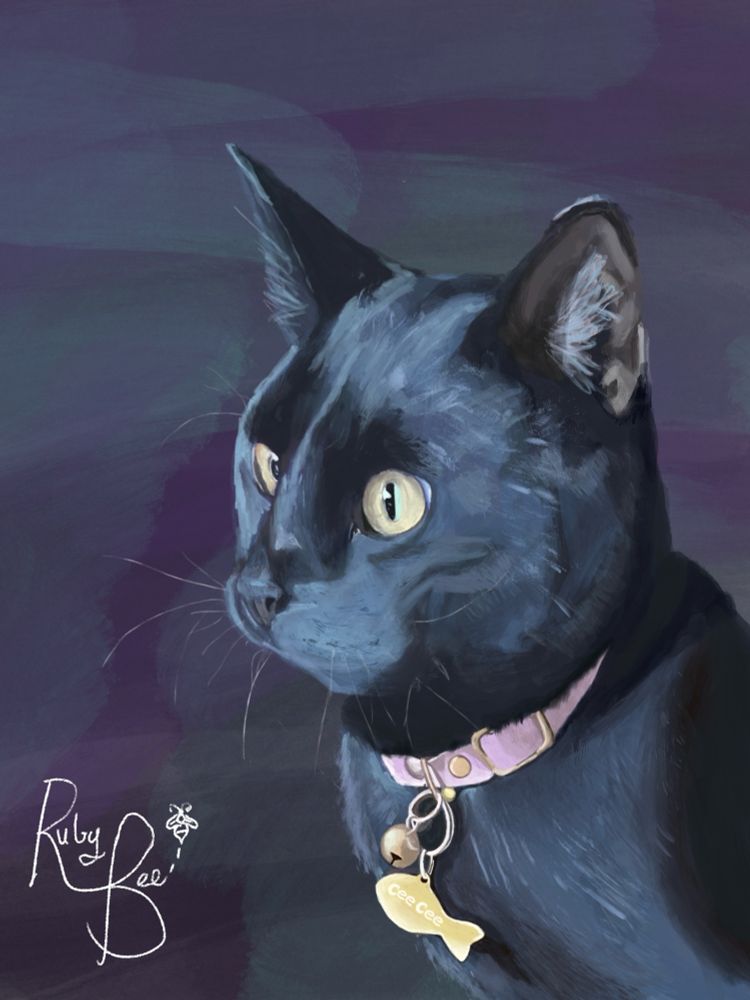 A digital portrait of a black kitten with yellow eyes. She has a pink collar. The collar has a gold tag in the shape of a fish with the name CeeCee on it.