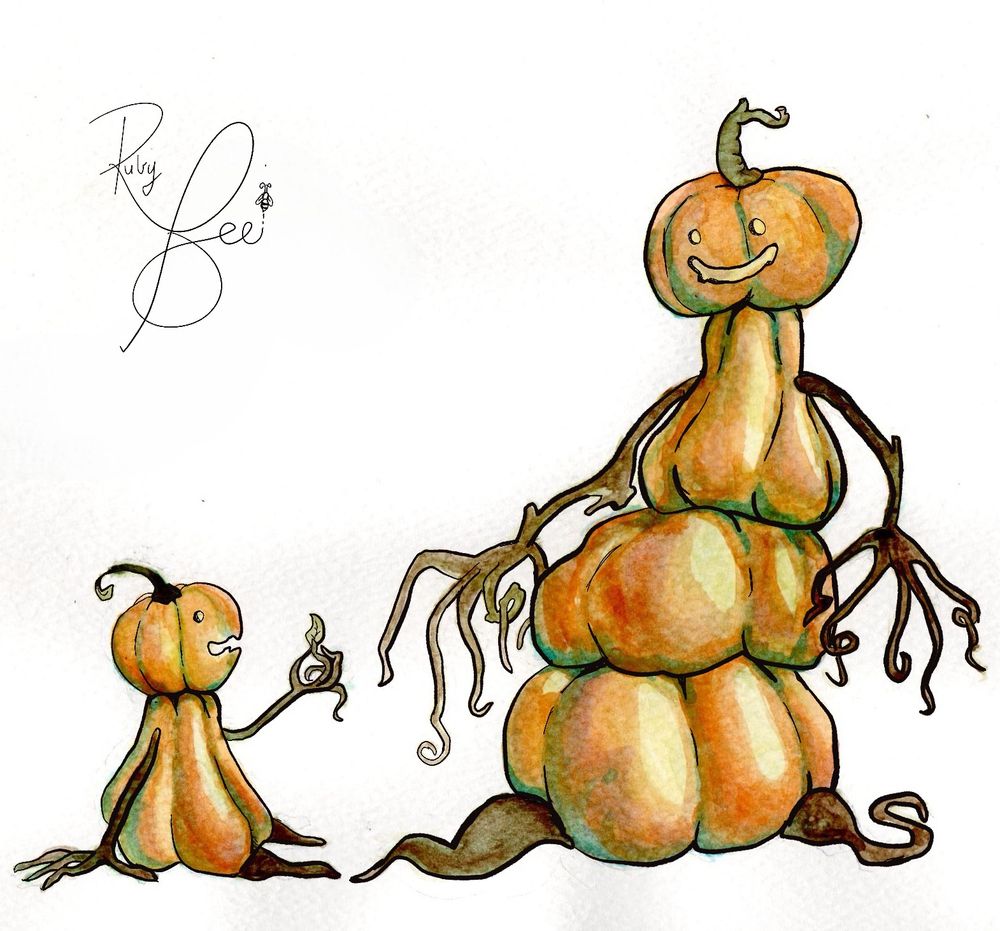 A watercolour painting of two pumpkin people, an adult and a child. The adult is made out of four pumpkins stacked on top of each other with a smiling face carved into the top pumpkin. There are two stalks for legs and two stalks for arms. It’s looking down at the baby pumpkin who is showing it a leaf, the baby is made out of two pumpkins stacked on top of each other.