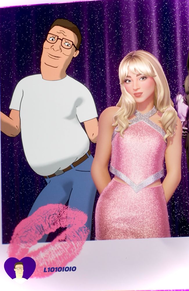 Fortnite avatars of Hank Hill from the animated tv show King of the Hill strikes a cute dance pose behind pop music star Sabrina Carpenter 