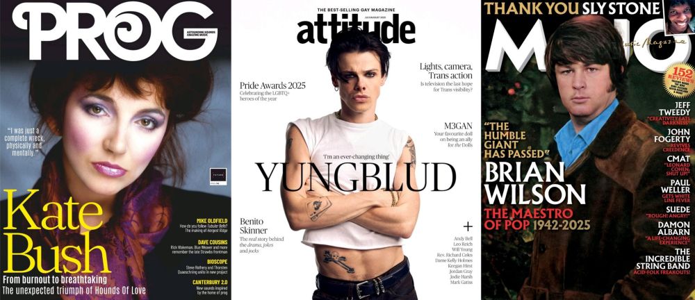 Three magazine covers featuring Kate Bush, Yungblud, and Brian Wilson.