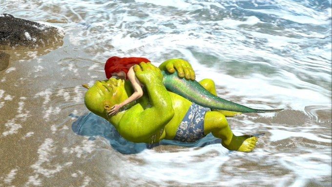 Shrek and the little mermaid embrace on the beach in 'from here to maternity'.