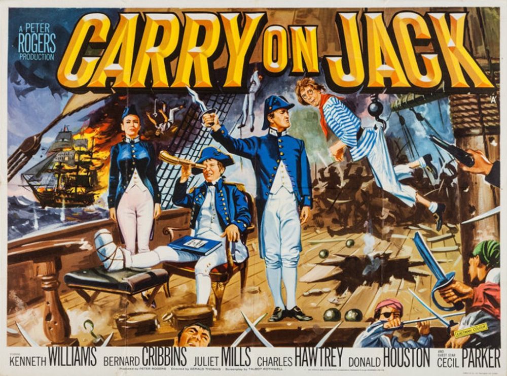 Movie poster for Carry on Jack. Four on the deck of a ship with chaos all around.