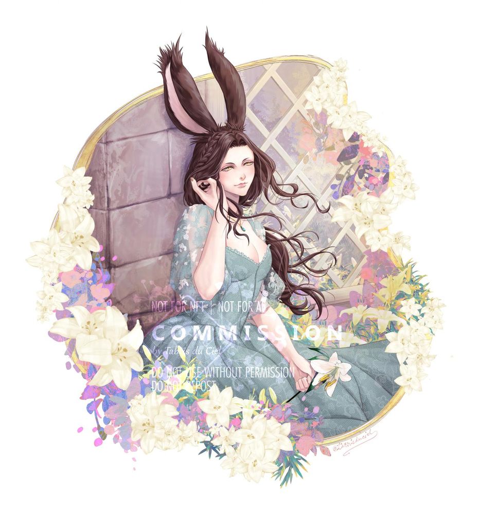 Eir, a female Viera - Veena.
She has long wavy brown hair, yellow/amber eyes and is looking towards the audience with a gentle look on her face. Surrounded by lilies and plants, she too holds a single lily stalk on her left hand. Along with the gentle breeze and the company of flora, the soft light of dawn shines on her.