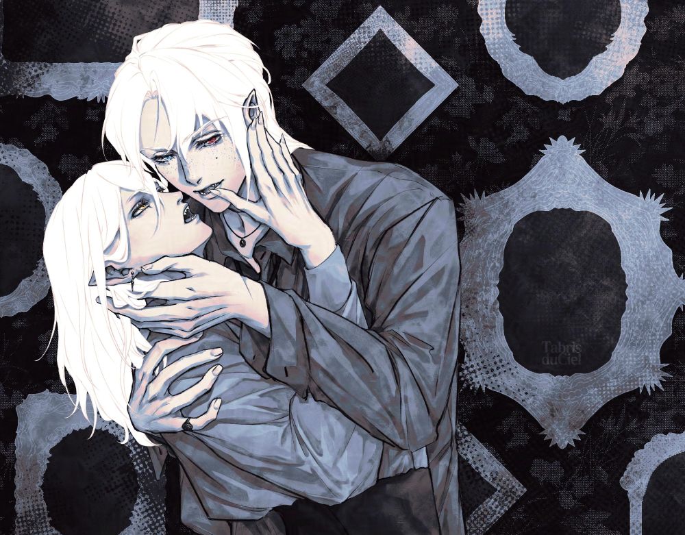 vampire!Bijou x vampire!Aziluth AU inspired by the manga, FANGS
Bijou holding Azi close, cupping his face as Azi too touches his longingly. Behind them are numerous decorative black mirrors.
