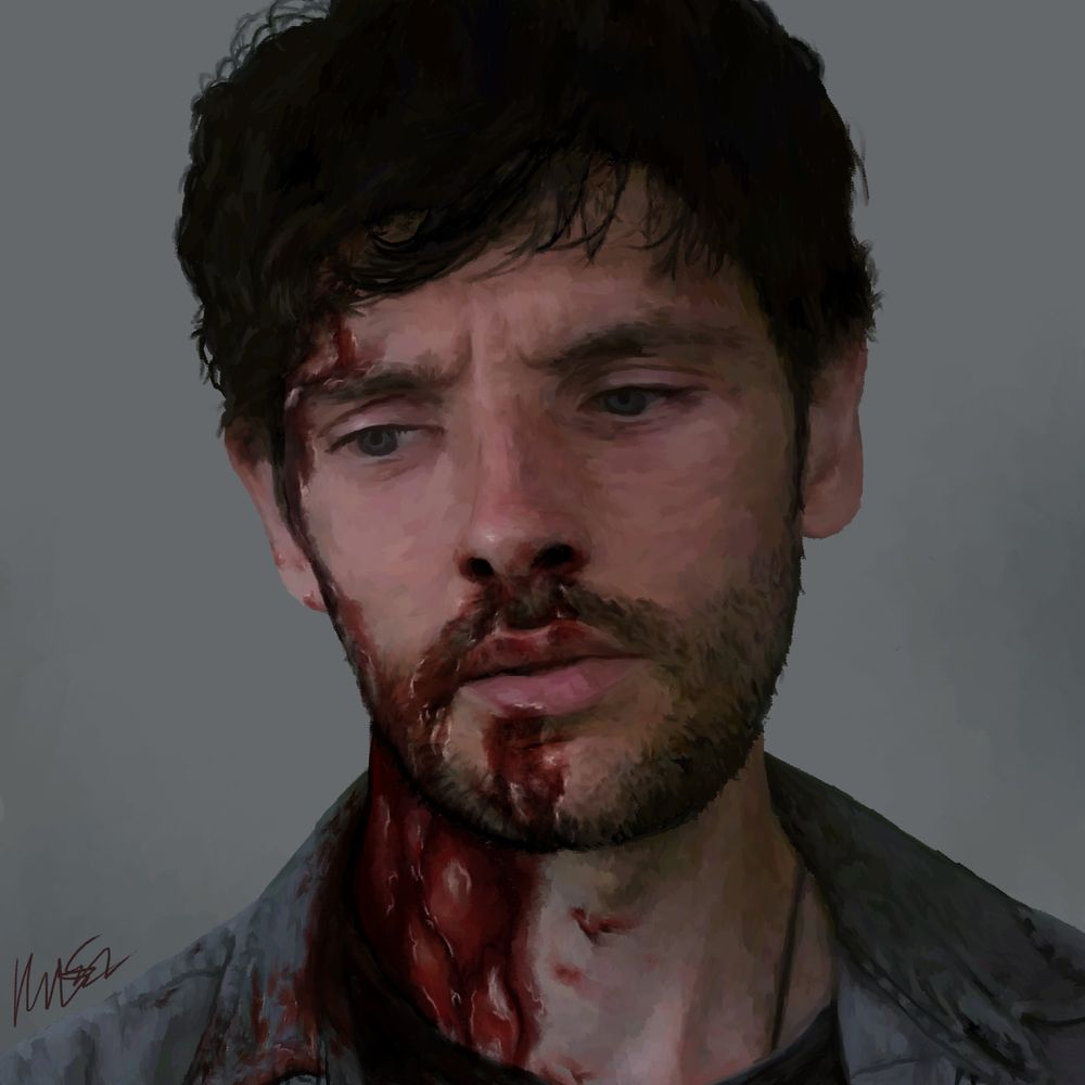 Digital drawn portrait of Colin Morgan dipicted as wounded and covered in blood.