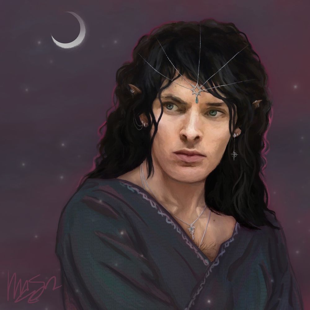 Colin Morgan drawn as an elf. He has shoulder length hair with grey highlights in this version. He's wearing robes, a head chain and other jewellery like ear piercings and necklaces. 