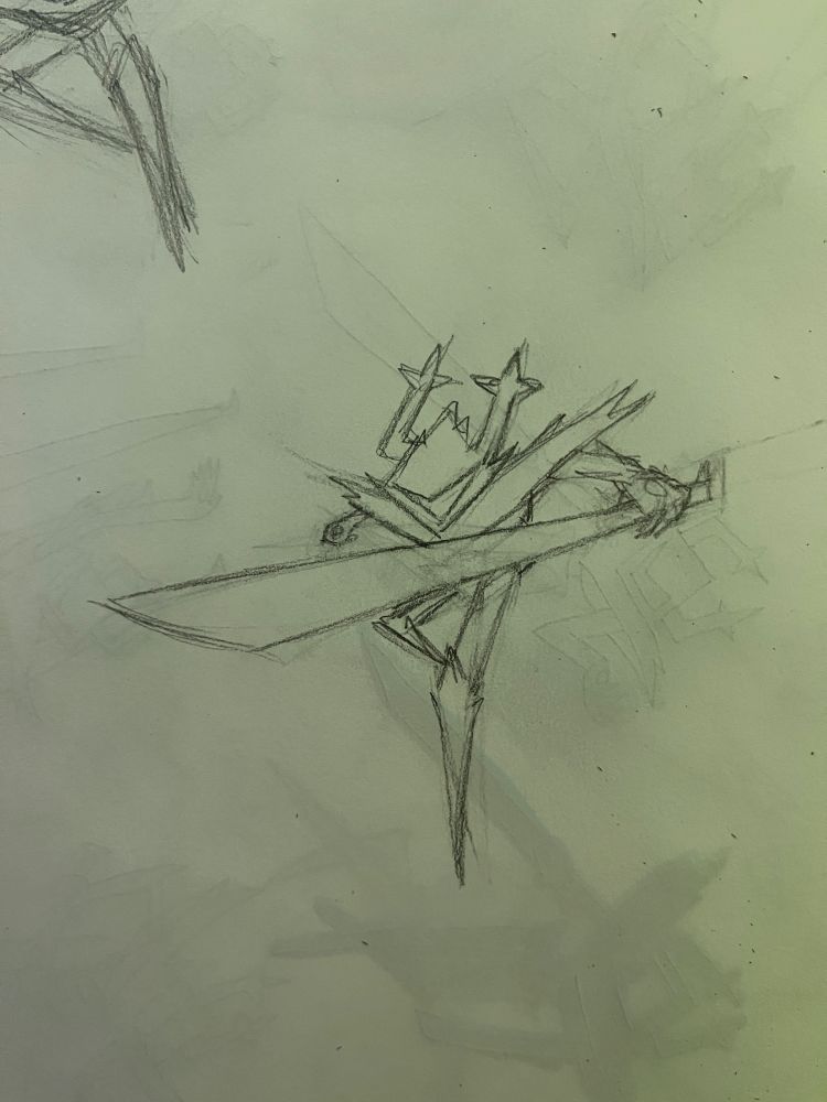Pencil sketch of roaring knight holding their sword out forward and looking forward. I like this one and was too scared to color it in, in case I ruined it, might put it onto computer and trace it to draw there. 